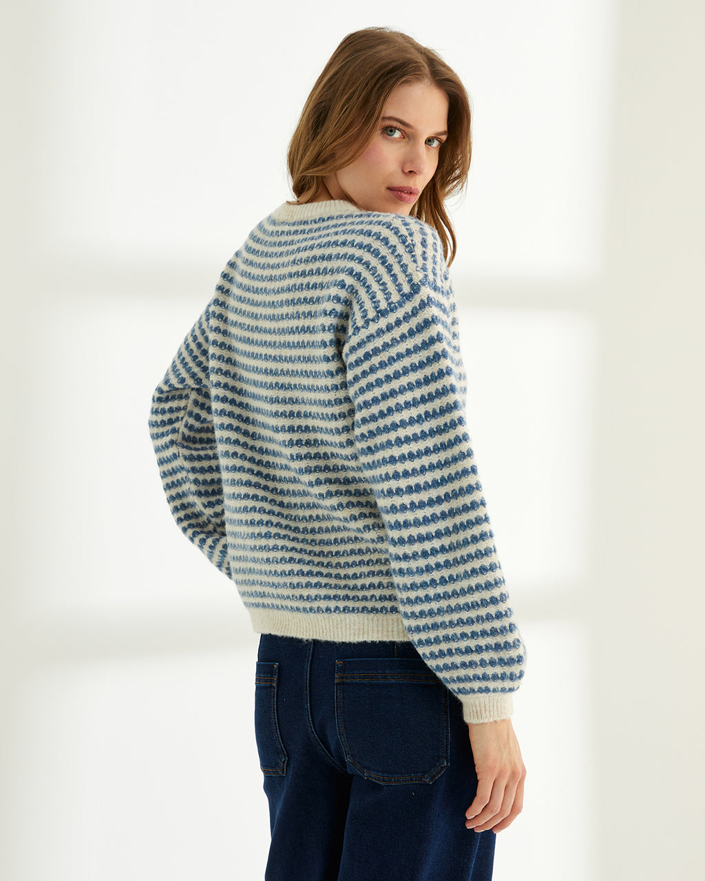 Jersey de mujer rayas cuello redondo manga abullonada