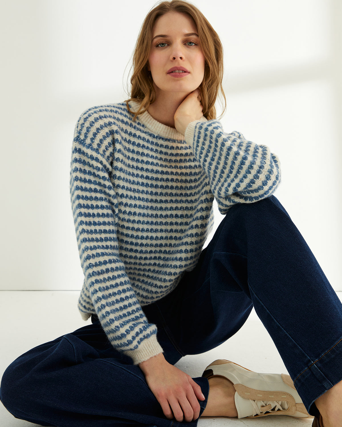 Jersey de mujer rayas cuello redondo manga abullonada