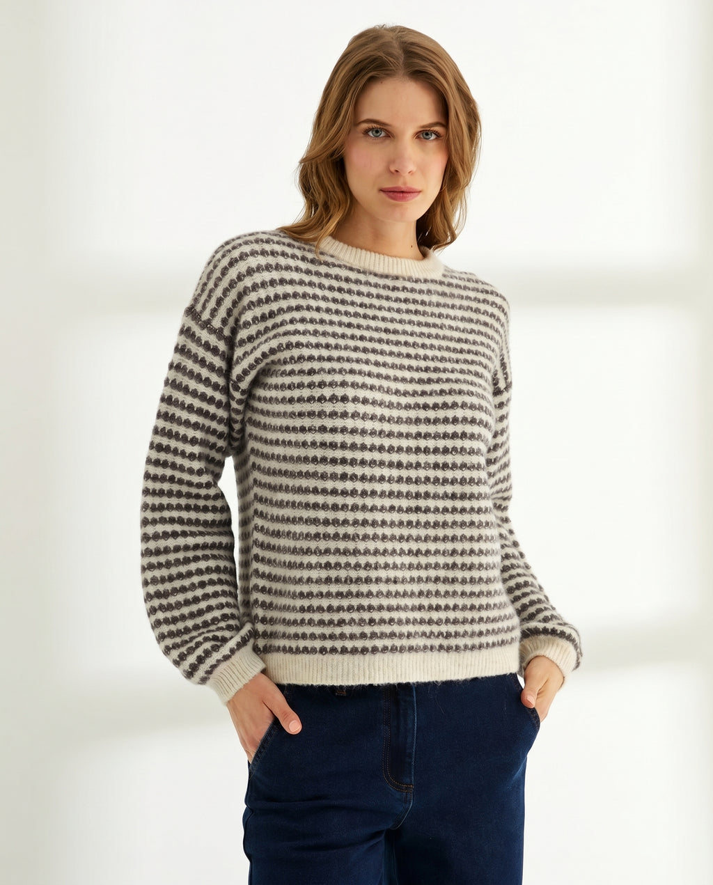 Jersey de mujer rayas cuello redondo manga abullonada