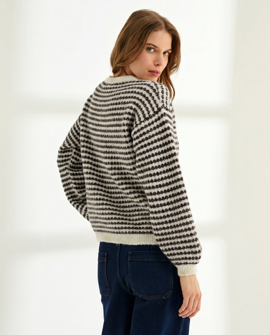 Jersey de mujer rayas cuello redondo manga abullonada