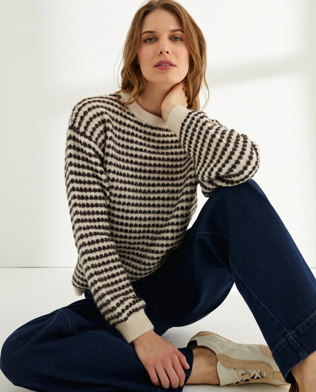 Jersey de mujer rayas cuello redondo manga abullonada