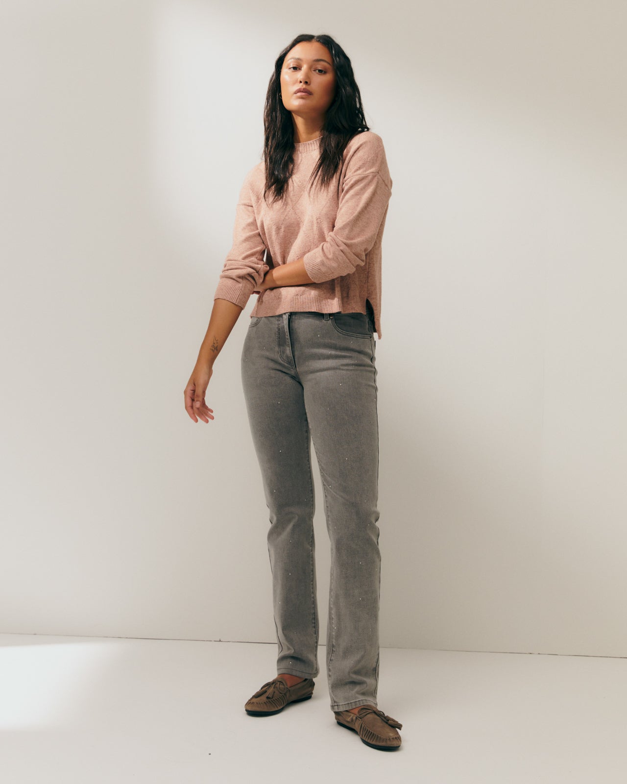 Women's straight-leg jeans with silver micro studs