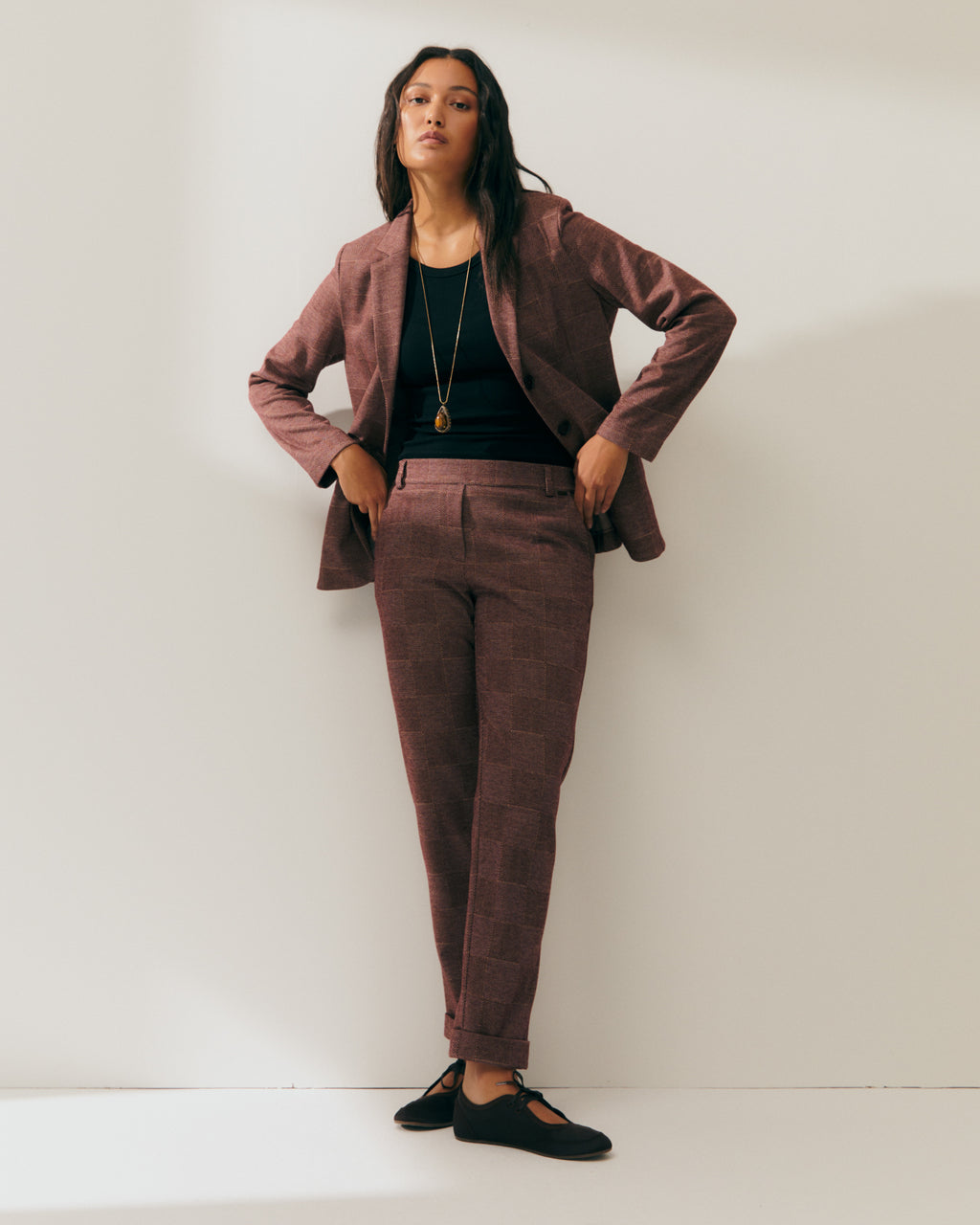 Pantalón recto de mujer punto cuadros cintura elástica