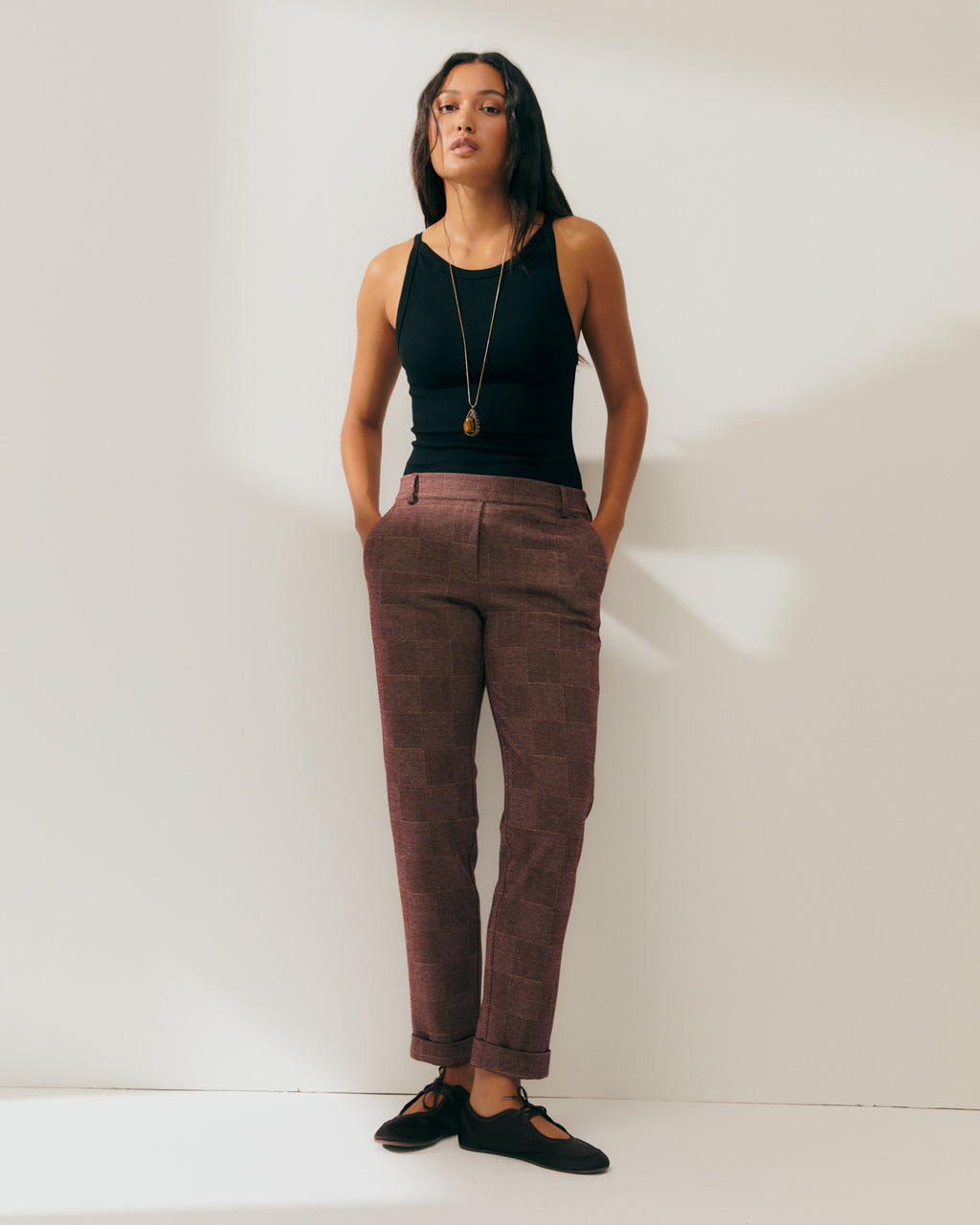 Pantalón recto de mujer punto cuadros cintura elástica