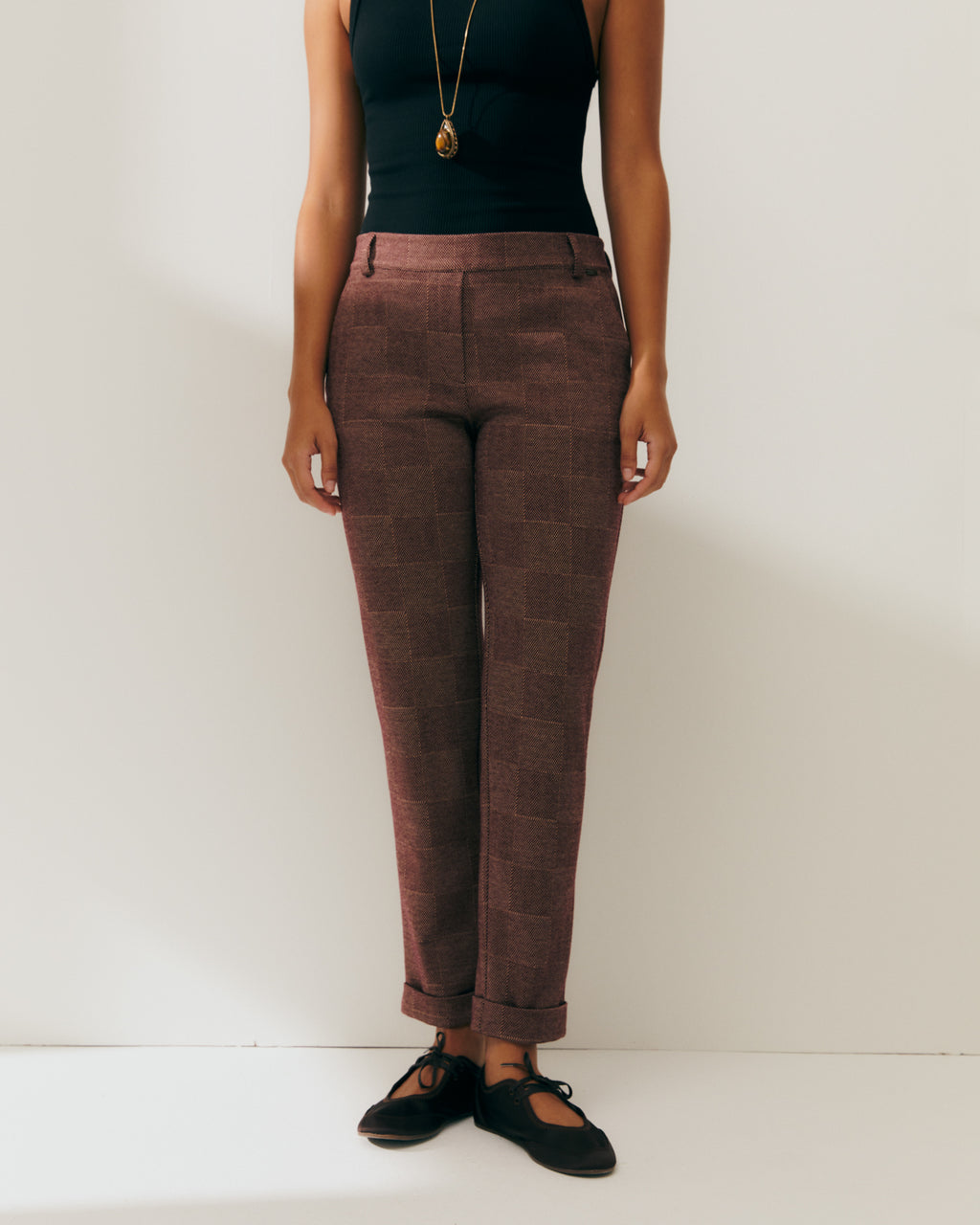 Pantalón recto de mujer punto cuadros cintura elástica