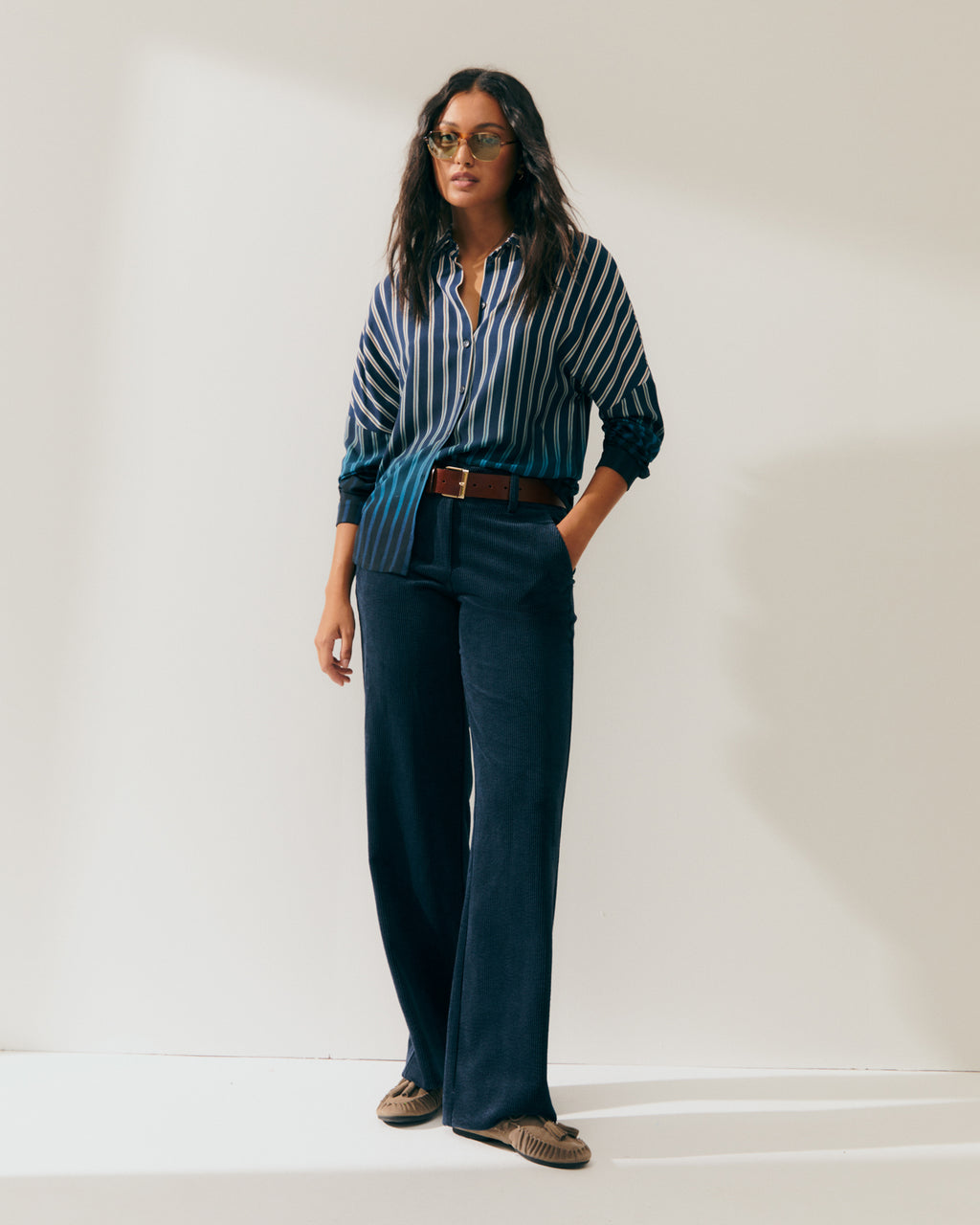 Pantalón recto de mujer de pana cintura elástica