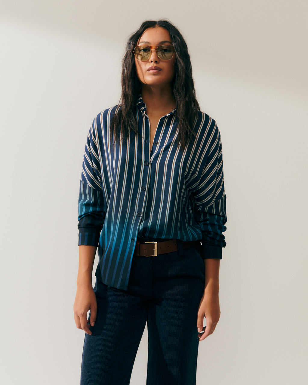 Camisa de mujer estampado rayas cuello camisero