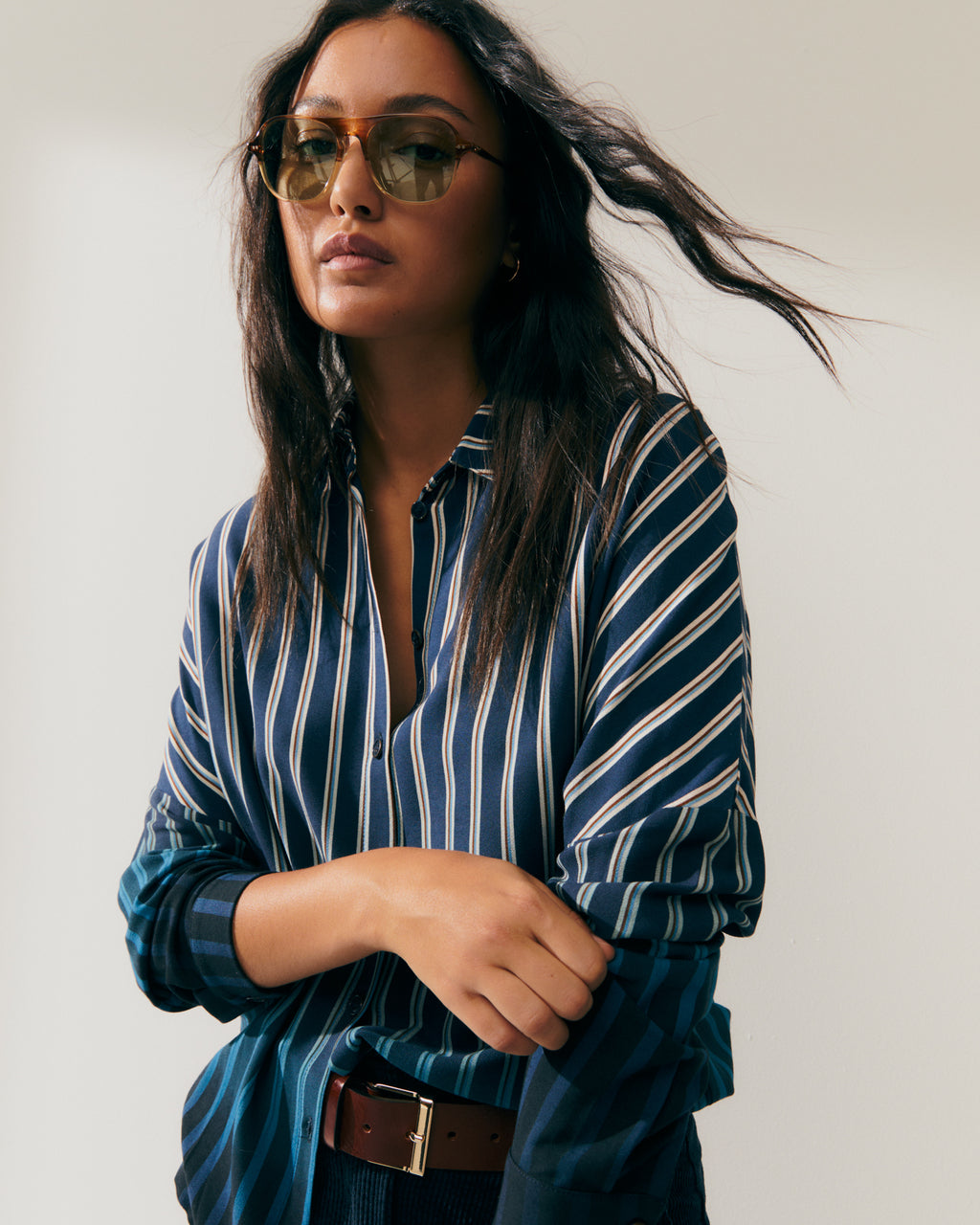 Camisa de mujer estampado rayas cuello camisero