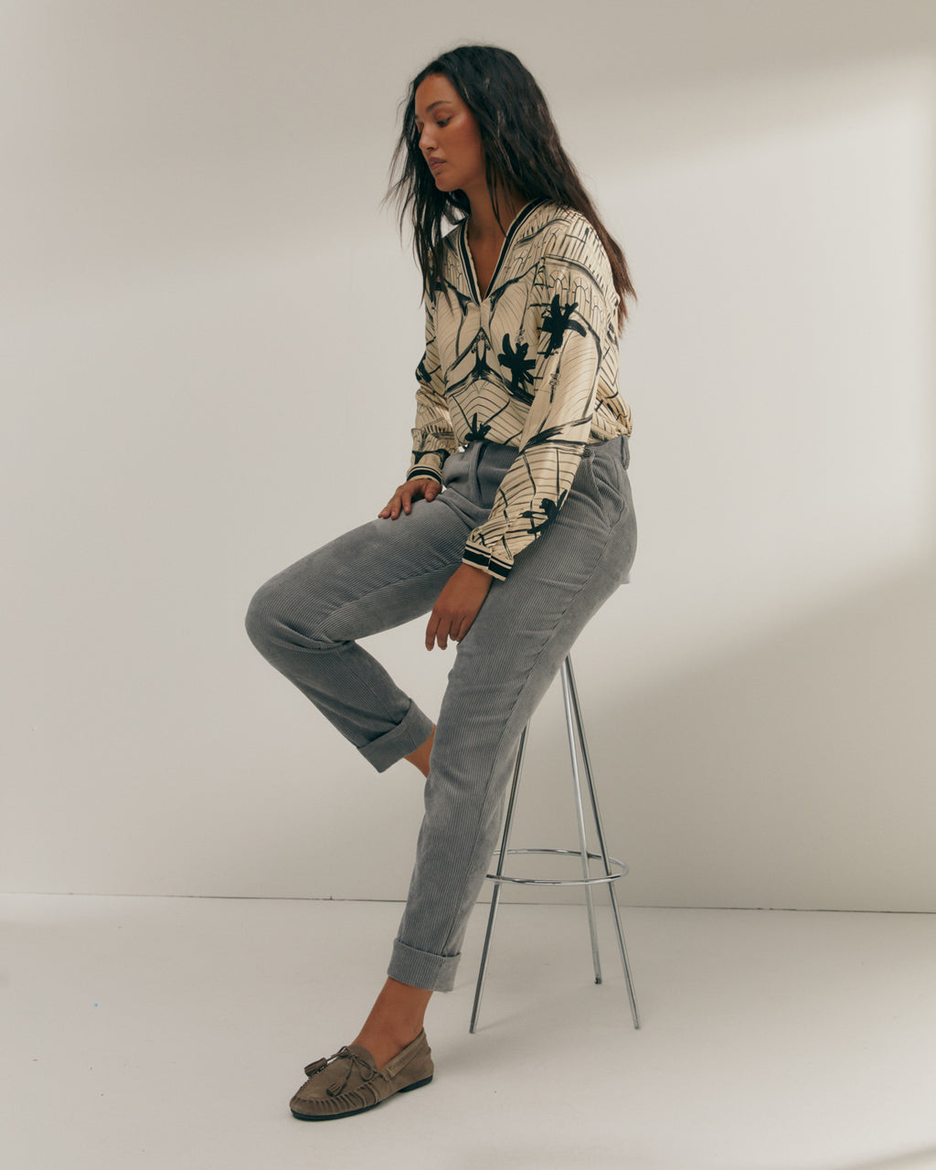 Pantalón recto de mujer de pana cintura elástica