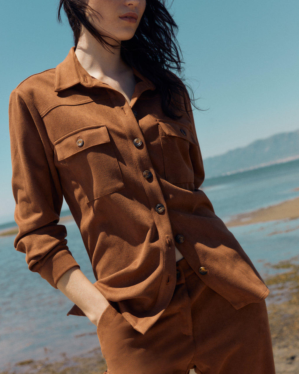 Veste surchemise effet daim pour femme