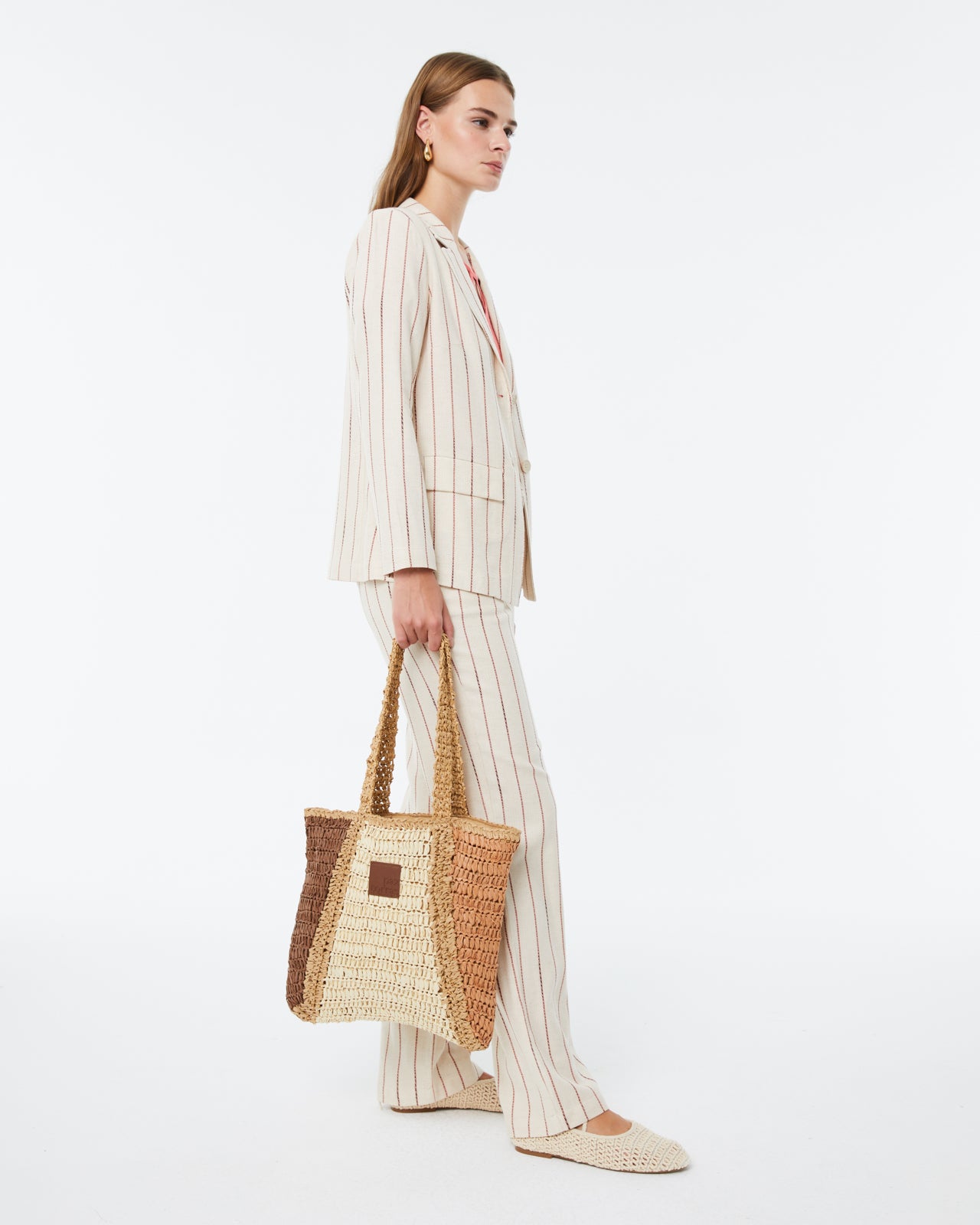 Bolso tricolor tipo rafia de mujer con cremallera