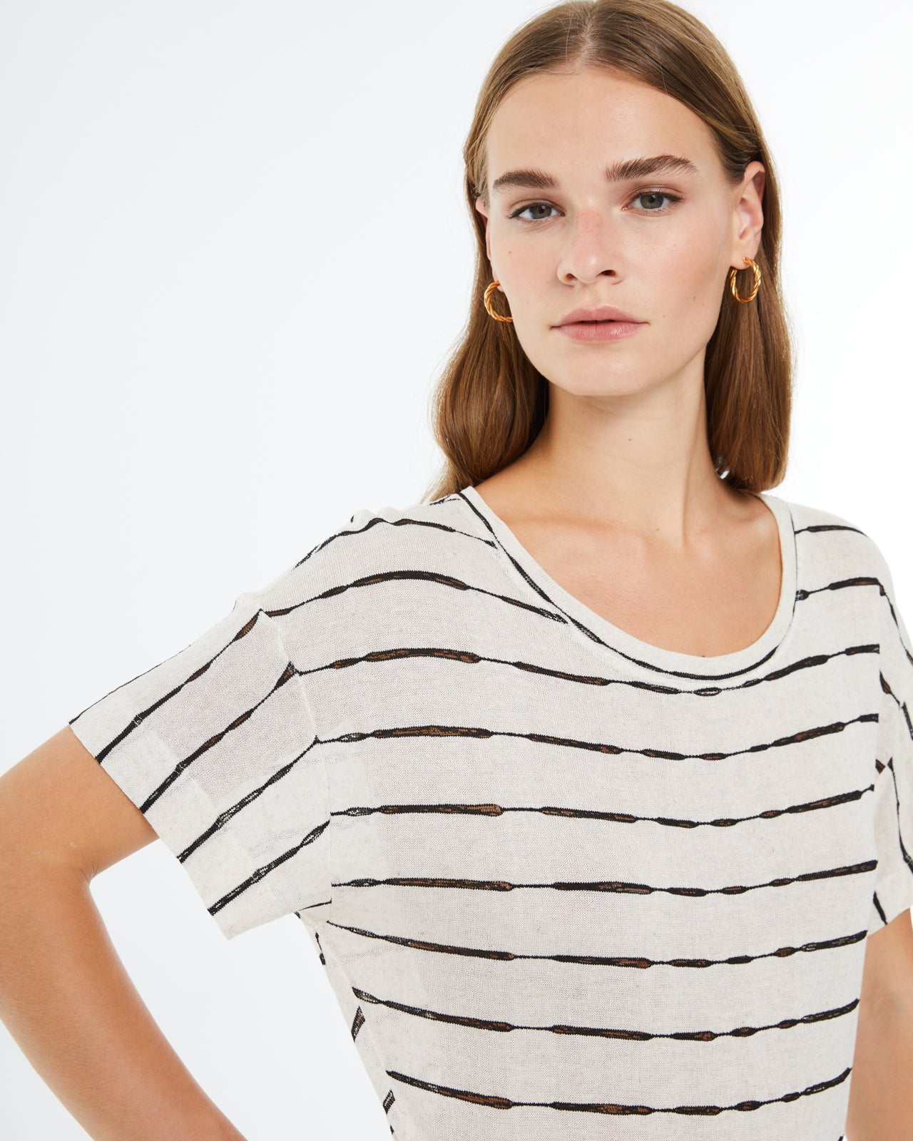 Camiseta de rayas con lino de mujer, manga corta y escote redondo