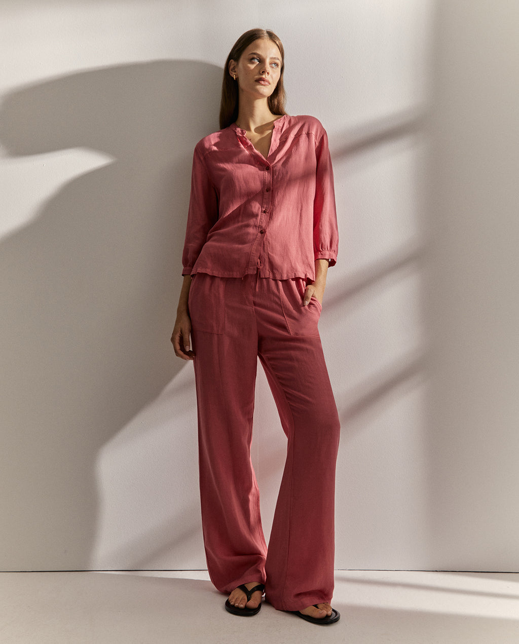 Camisa de mujer cuello mao pico manga francesa