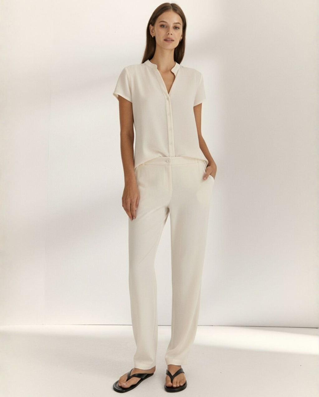 Camisa de mujer cuello mao manga corta