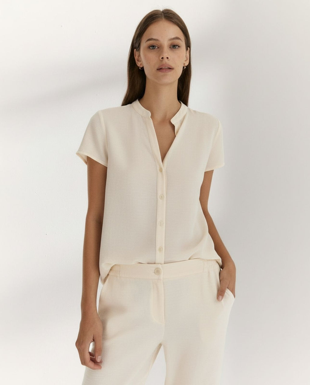 Camisa de mujer cuello mao manga corta