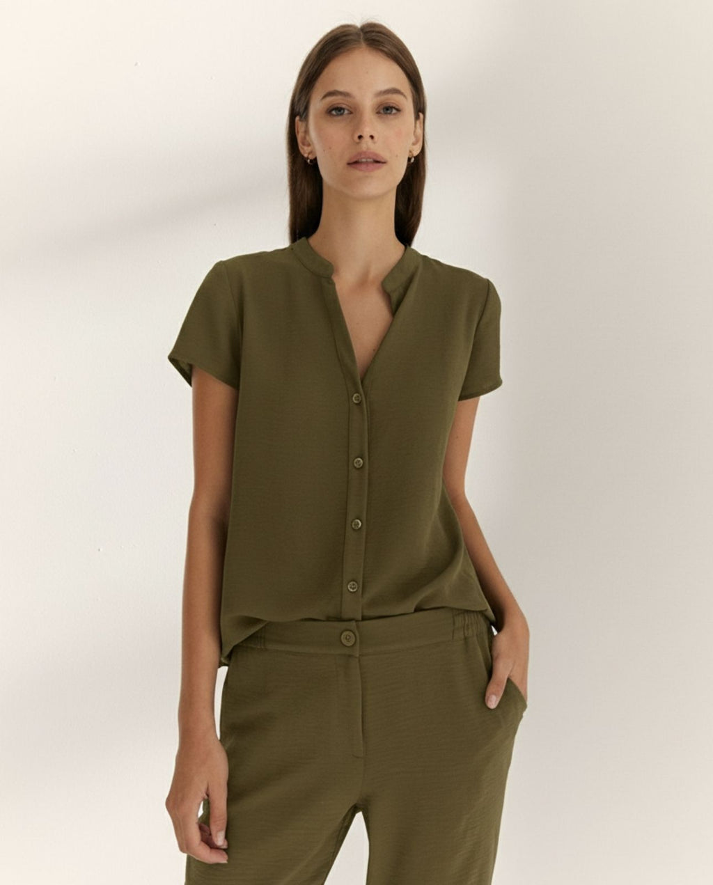 Camisa de mujer cuello mao manga corta