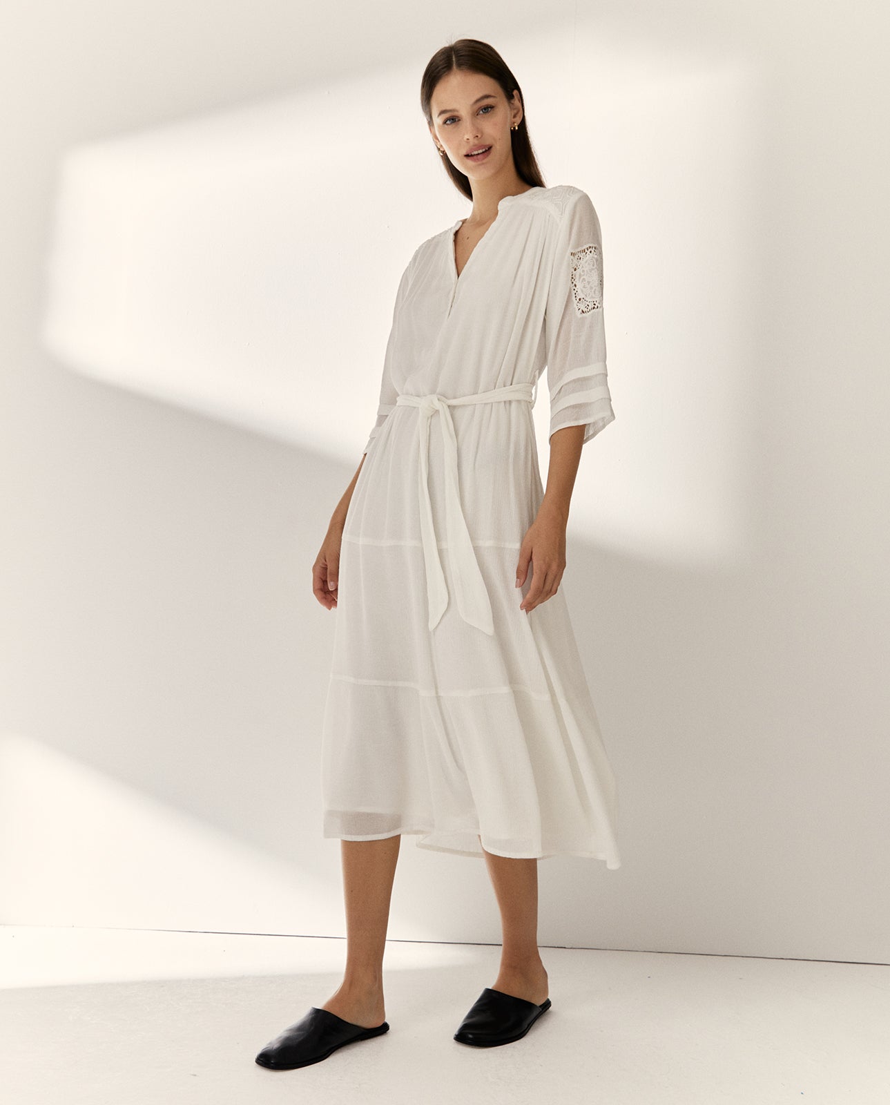 Vestido midi  forrado manga francesa cuello mao