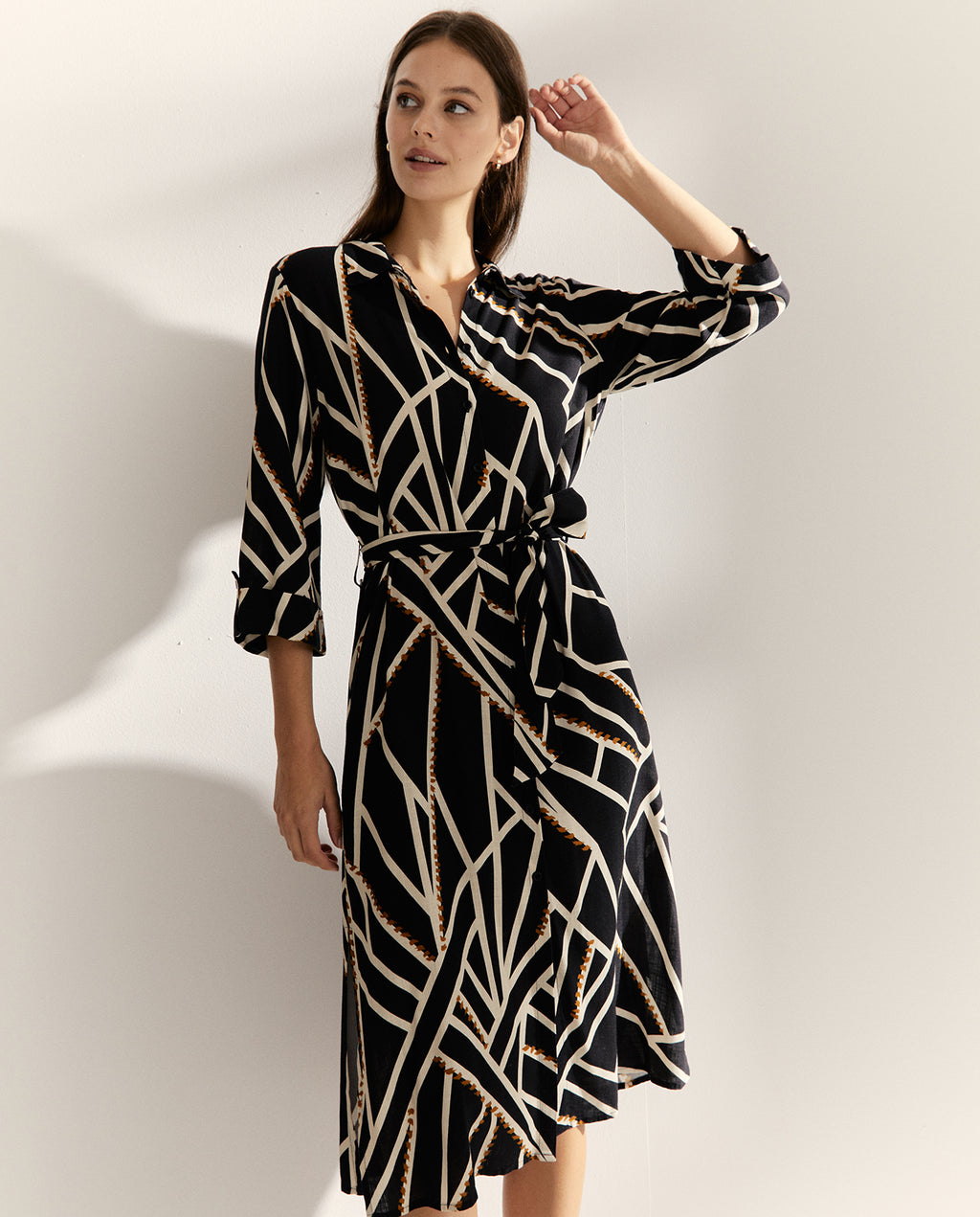 Vestido midi camisero estampado manga francesa