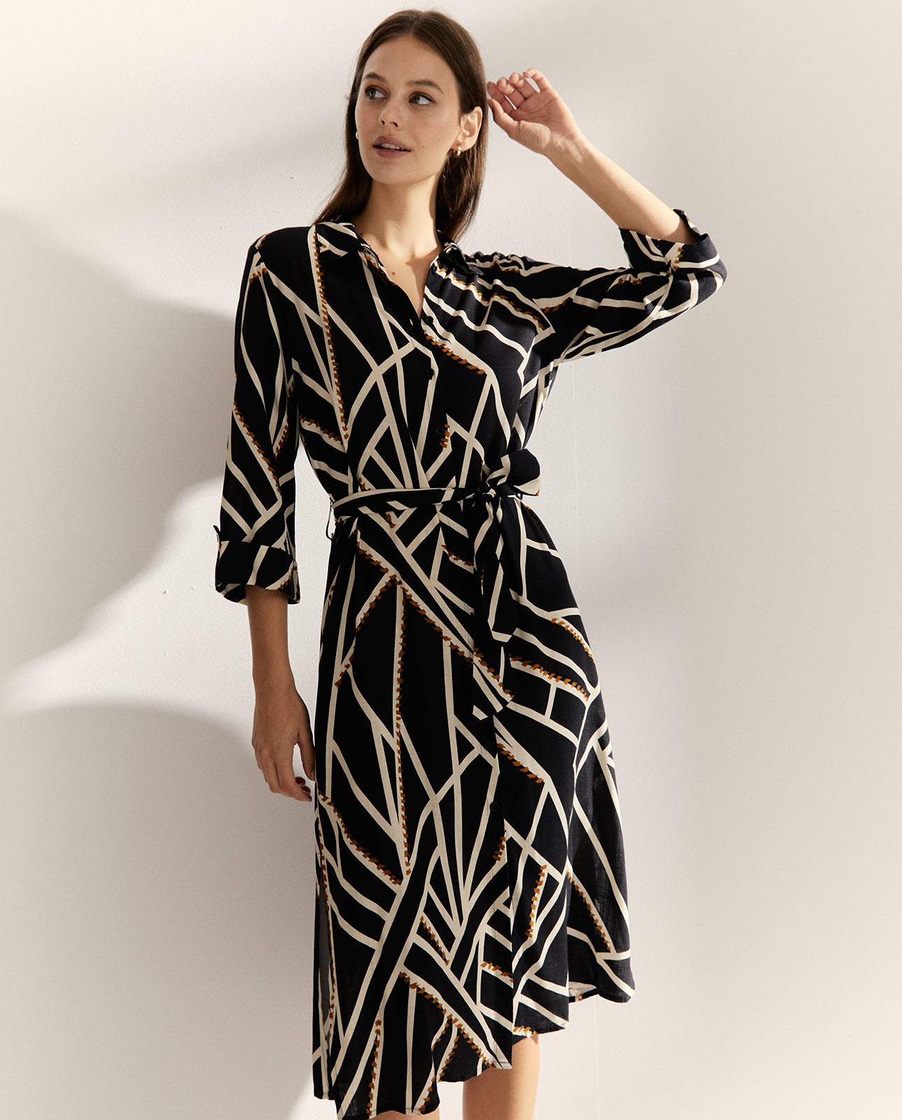 Vestido midi camisero estampado manga francesa