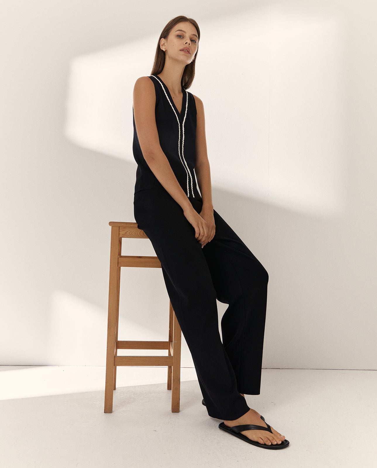 Pantalón recto mujer punto tricot cintura elástica