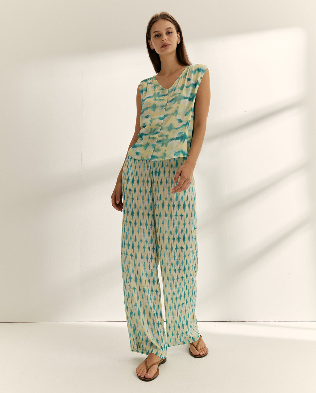 Pantalón recto de mujer estampado cintura elástica