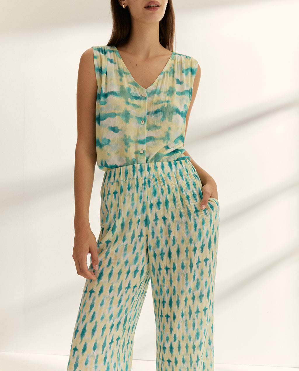 Pantalón recto de mujer estampado cintura elástica