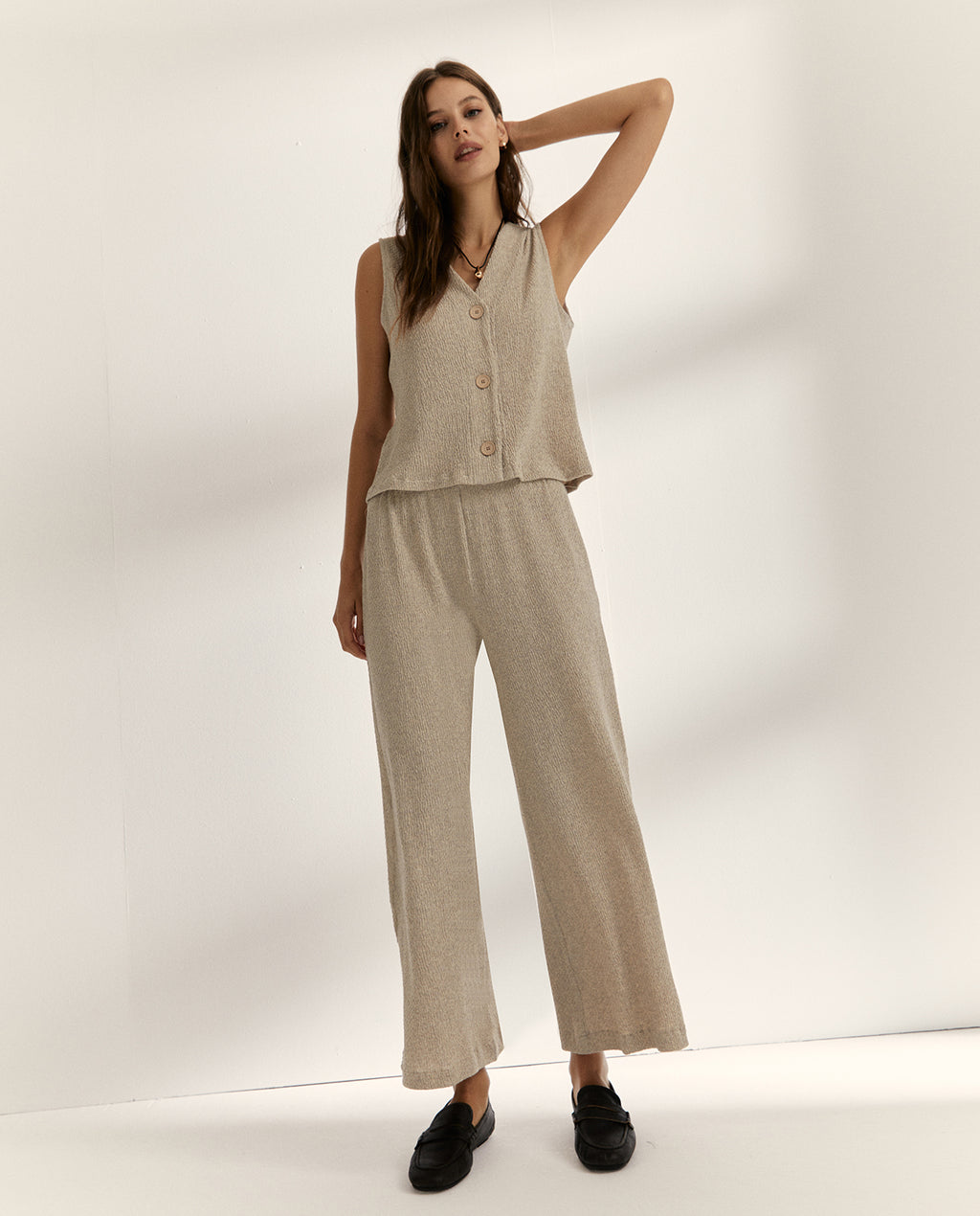 Pantalón ancho de mujer en punto cintura elástica