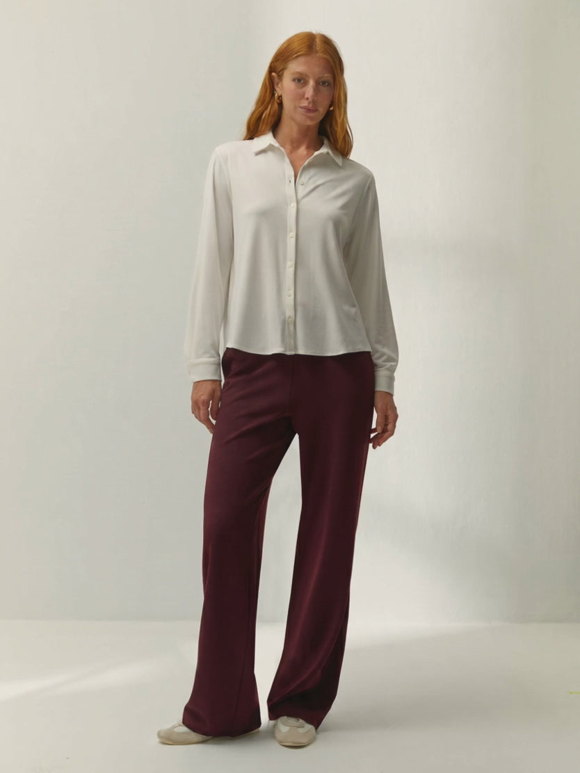 Pantalón recto de mujer punto liso cintura elástica granate