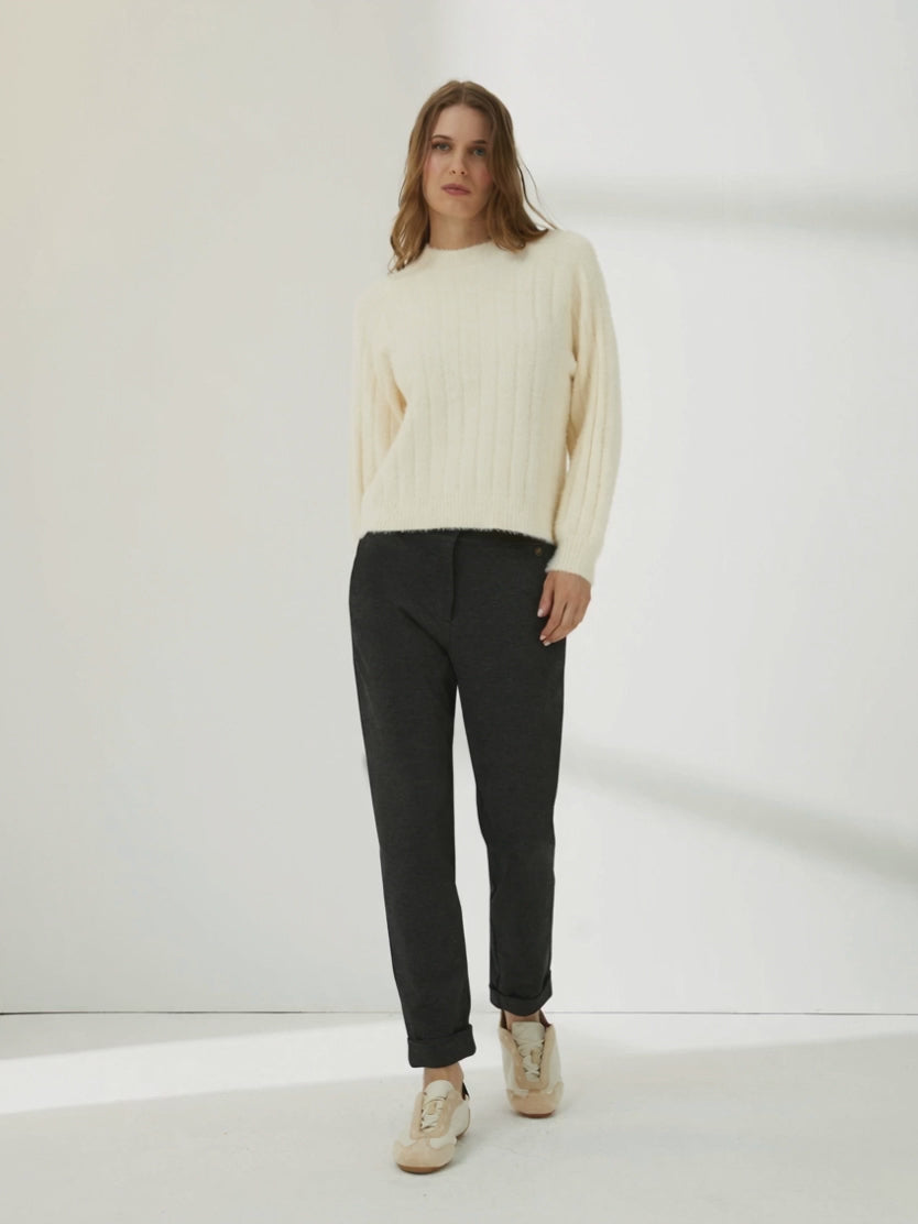 Pantalón tobillero de mujer punto liso cintura elástica gris oscuro