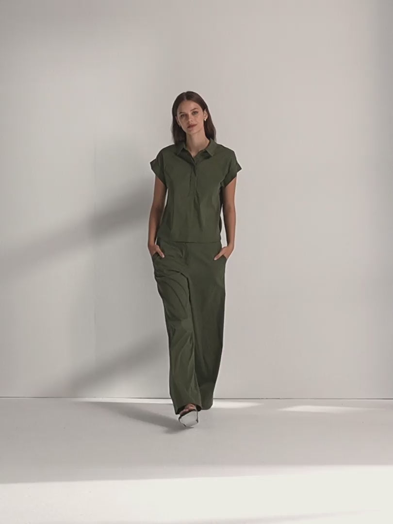 Camisa de mujer popelín elástico manga corta cuello camisero