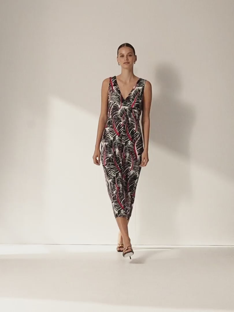 Vestido midi punto estampado cuello pico sin mangas