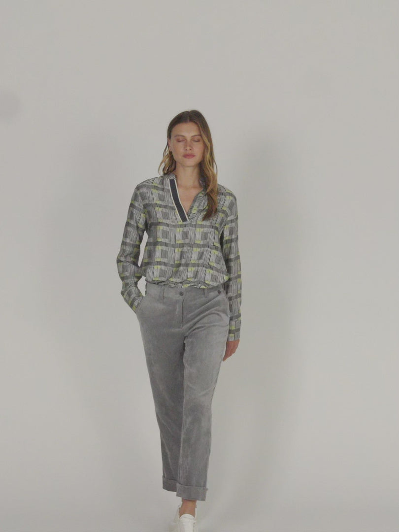 Blusa de mujer estampado cuadros manga larga cuello mao