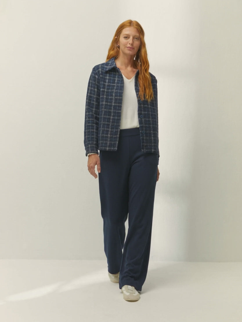 Pantalón recto de mujer punto liso cintura elástica azul marino