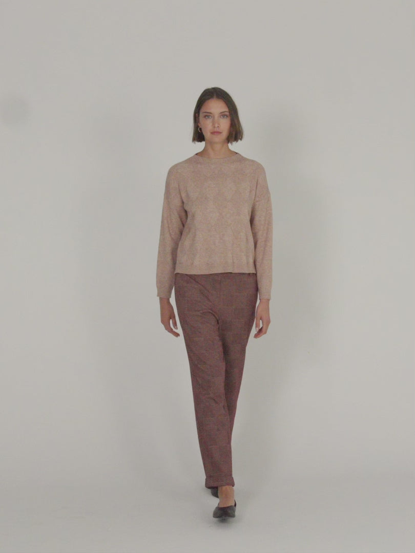 Pantalon droit pour femme avec tricot à carreaux et taille élastique